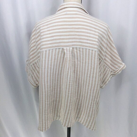 Angels Forever Young Top Womens Size 1X White Beige Striped Muslin Button Down - Picture 3 of 8